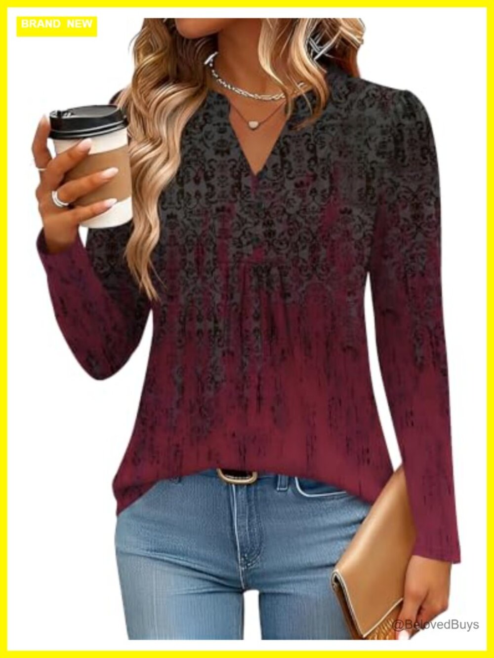 Women's Pleated Henley V-Neck Long Sleeve Blouse Tunic Top for Work